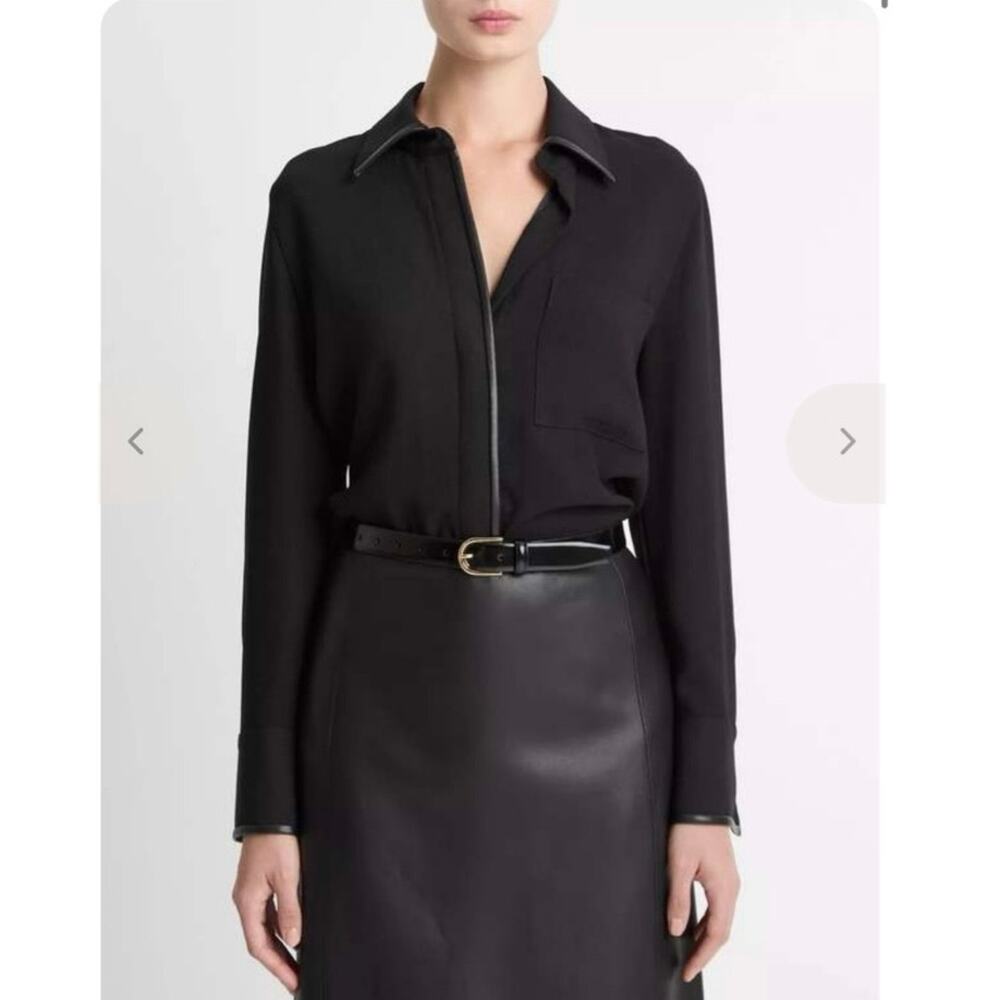 NWOT Women’s Vince Long-Sleeve Blouse w/Faux Leather Accents in Black SZ M